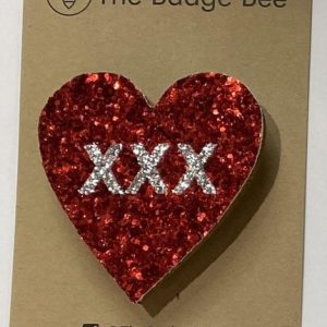 Red Glitter Heart Kisses Badge
