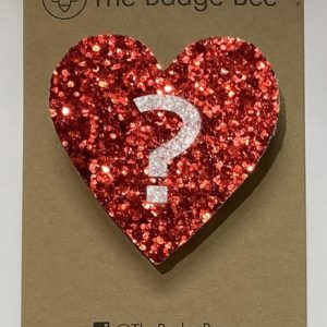 Red Glitter Heart Question Mark Badge