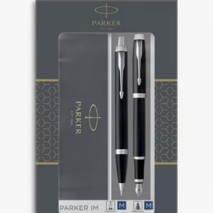 Parker IM Black with Chrome Trim Fountain Pen and Ballpoint Set
