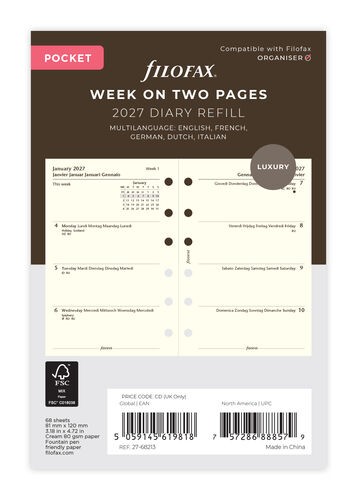 Week On Two Pages Refill 2027 - Pocket, Cotton Cream, Multilangu