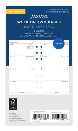 Week On Two Pages Sunday Start Refill 2027 - Personal