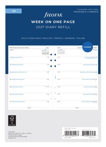Week On One Page Refill 2027 - A5, Multilanguage
